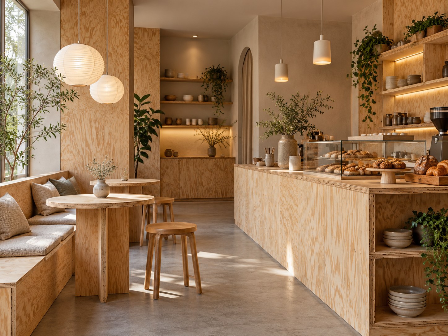 ร้านกาแฟตกแต่งด้วยไม้อัดทั้งร้าน เคาน์เตอร์ โต๊ะ ม้านั่ง โคมไฟกระดาษ