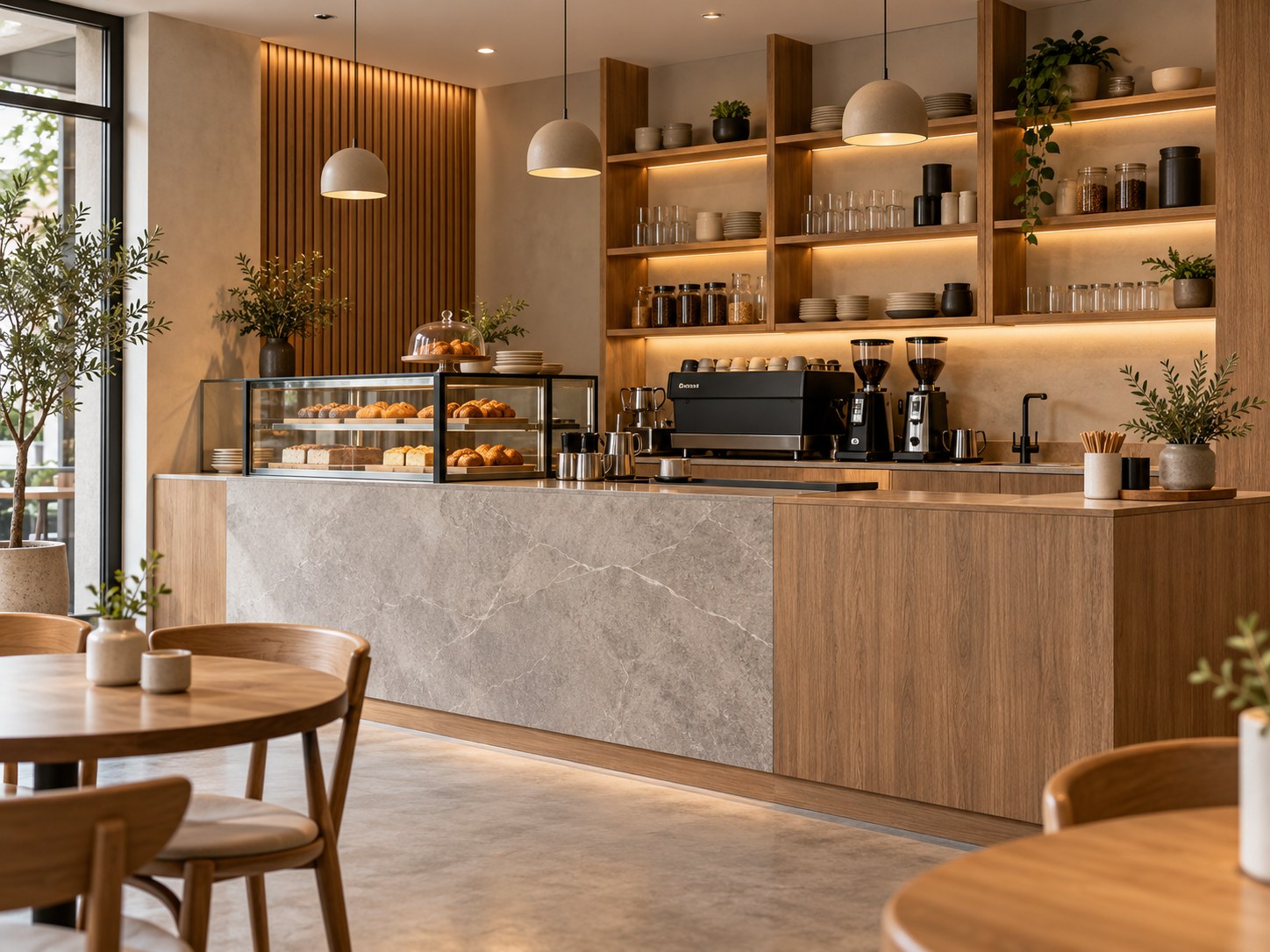 เคาน์เตอร์ร้านกาแฟผสมลามิเนตลายหินและลายไม้ พร้อมชั้นวางไฟซ่อน
